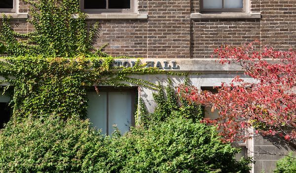Lettering on the outside of Huntington Hall is overtaken by vines.