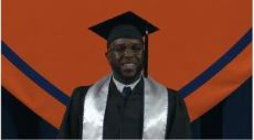 Man smiling in blue Commencement regalia with white stole and orange background
