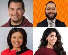 Collage: 1 man with brown sweater. 1 man w/beard and orange background. 1 woman smiling w/red dress. 1 woman smiling with maroon shirt