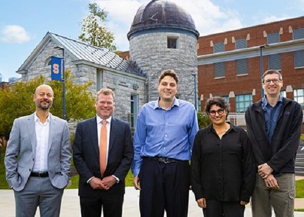 Picture of distinguished speakers at the Gravitational Wave Astronomy and Astrophysics Center opening. From left to right: Edo Berger, Harvard; Duncan Brown, SU; Stefan Ballmer, SU; Nergis Mavalavala, MIT; and Frans Pretorius, Princeton.