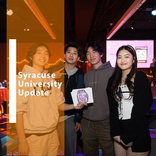 group of students pose on a group picture with a font Syracuse University Update