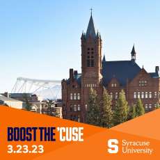 view of crouse college with the jma wireless dome in the back ground with text overlaid boost the cuse 3 23 23 and the syracuse university lockup