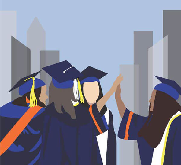 Illustration of Syracuse University students standing in a group dressed in Syracuse regalia, high-fiving with a cityscape in the background.