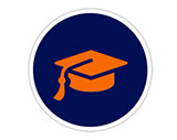 Illustrated image of an orange graduation mortar board cap and tassel on a navy blue background.