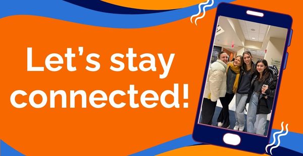 four students in coats smile inside an image of a ringing cell phone. The text next to them reads, Let's Stay Connected!