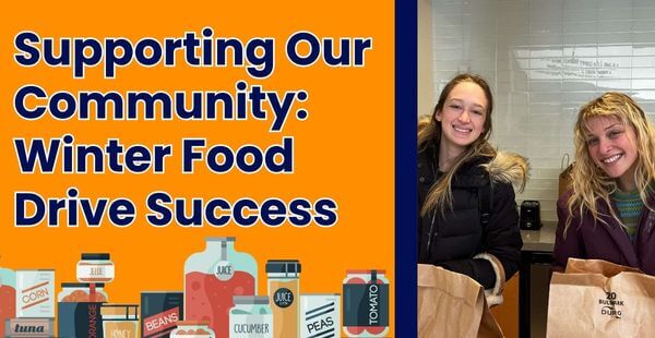 Students smile behind paper bags, there is a graphic of canned food to the left corner. This header reads, Supporting Our Community: Winter Food Drive Success