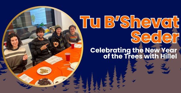 A circle frame reveals students enjoying a Tu B'Shevat seder together. The banner is blue with a tree overlay and the text reads, Tu B'Shevat Seder Celebrating the New Year of the Trees