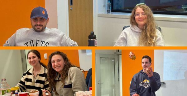 A trio of fun photos at the Tu B'Shevat seder. The top images includes 2 students relaxing at the table. The bottom right image shows two girls learning in and smiling next to each other. The bottom right image shows off a talented young man juggling 3 passion fruits.