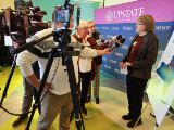 Social Work Professor Maria Brown at press conference.