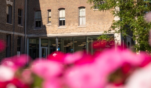 Pink flowers bloom in front of Huntington Hall.