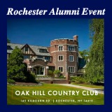 Rochester Alumni Event at Oak Hill Country Club, with image of country club main brown building at 145 Kilbourn Rd, Rochester, NY 14618