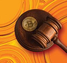 Bitcoin with Gavel on Orange Abstract