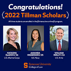 Congratulations 2022 Tillman Scholars: Natasha DeLeon L'26, Amanda Higginson L'25, and William Rielly L'24