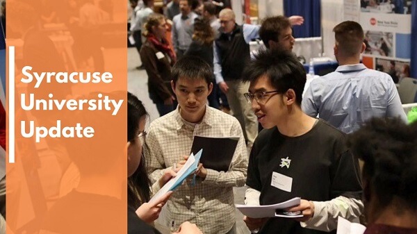 Syracuse students on a career fair with a text Syracuse university Update