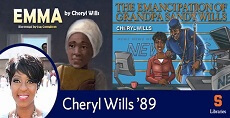 Cheryl Wills '89 with book covers of Emma and the emancipation of grandpa Sandy Wills