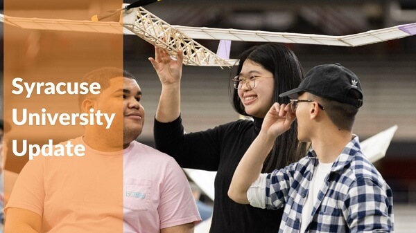 students standing in the dome with design plane with text syracuse university update