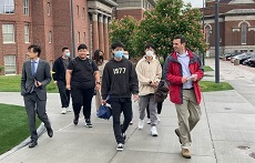group of students walking on campus