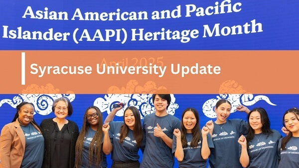 group of SU students and staff pose in front of AAPI heritage month banner