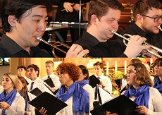 on top picture are students playing wind ensemble and below photo are Syracuse choir singing