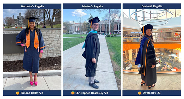 Syracuse University Class of 2023 graduation candidates model regalia for Bachelor's, Master's and Doctoral regalia.