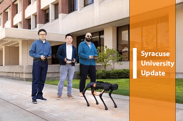 three students with dog robot and Syracuse University Update font