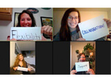 Social work students hold up encouraging signs with words like "collaboration" while on a web conference.