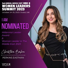 Christina Bahou picture with fonts 2nd Annual Middle East Women Leaders’ Summit & Awards 2023 October 24-25,2023, Dubai, UAE. I am nominated Millennial Leader Award & Woman Leader in the middle East 2023. Christina Bahou, Perkins Eastman, Verve management